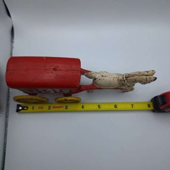 Cast Iron Ice Trailor Horse Vintage White Red Moving Wheels Metal Axle Wagon - Picture 9 of 9